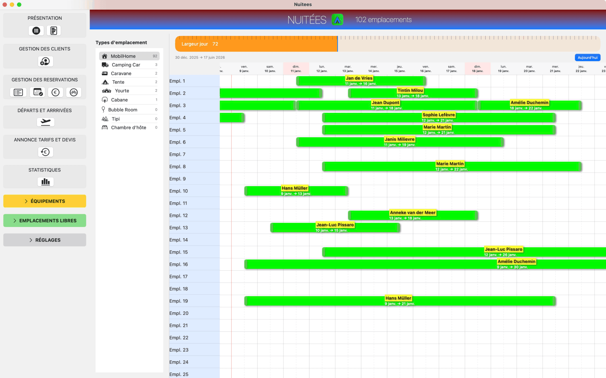 Vue planning de l'application Mac pour camping Nuitées